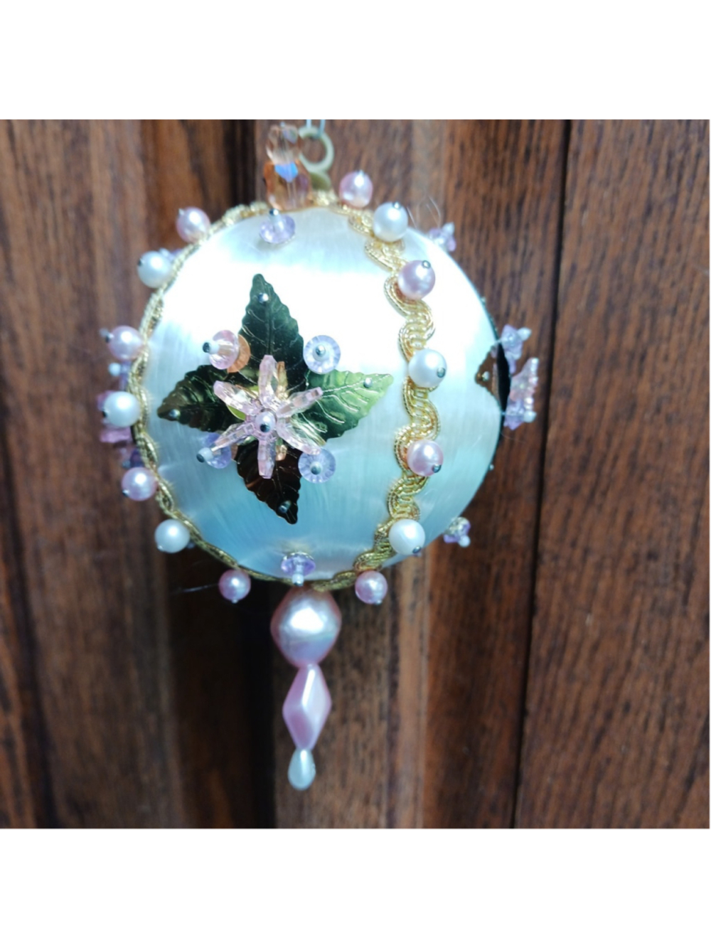 VTG Beaded Satin Sequin Push Pin Ornament Christmas White Pink Gold Handmade